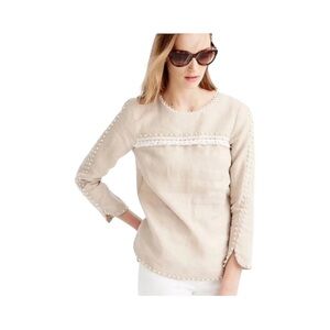 J. Crew 100% Linen Tan Top with Pompom Embellishments Women’s Small​